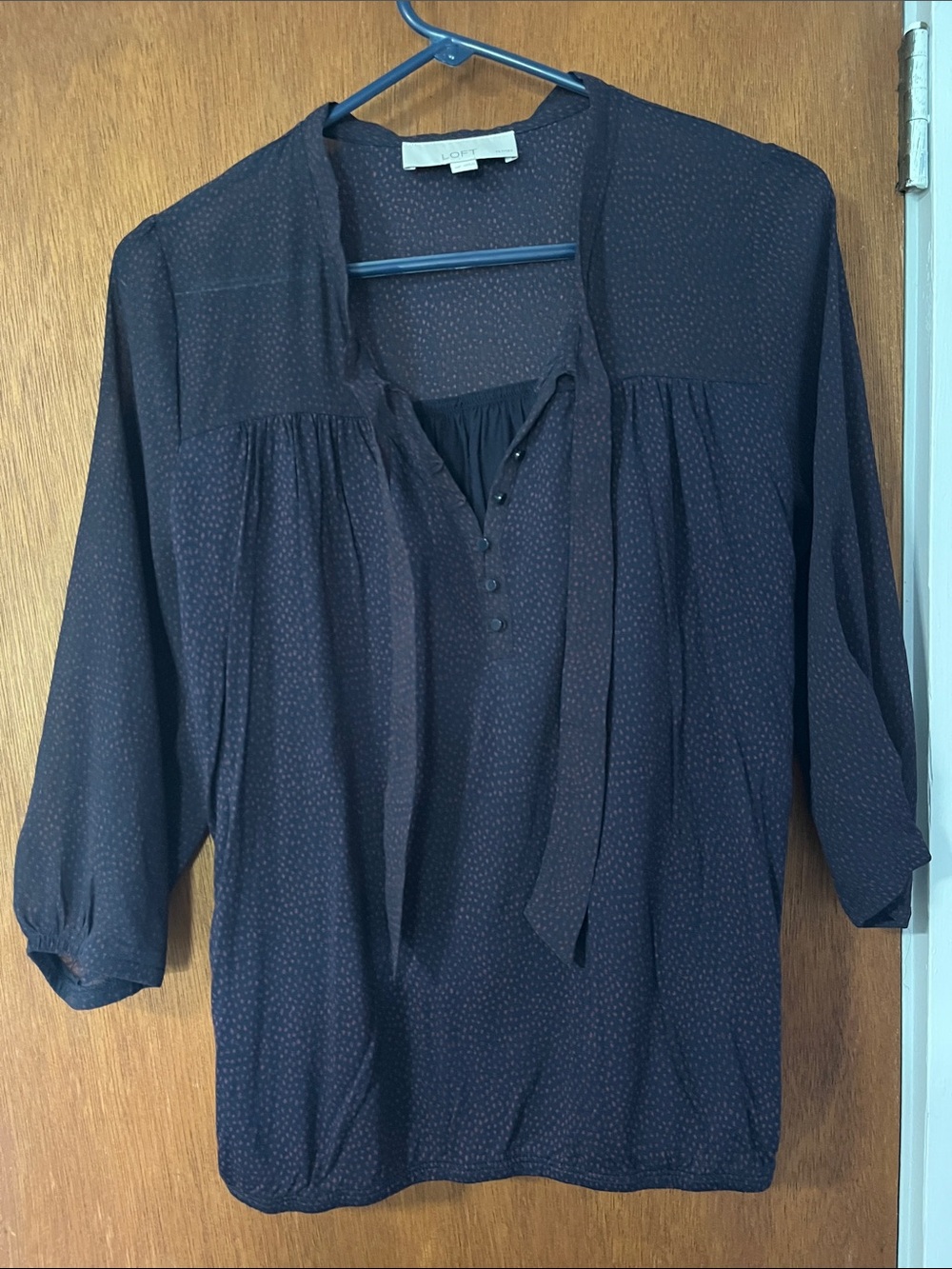 LOFT Navy Dotted Button-Front Peasant Blouse